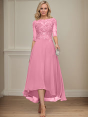 A-line Boat Neck Illusion Asymmetrical Chiffon Lace Mother of the Bride Dress With Sequins Beading