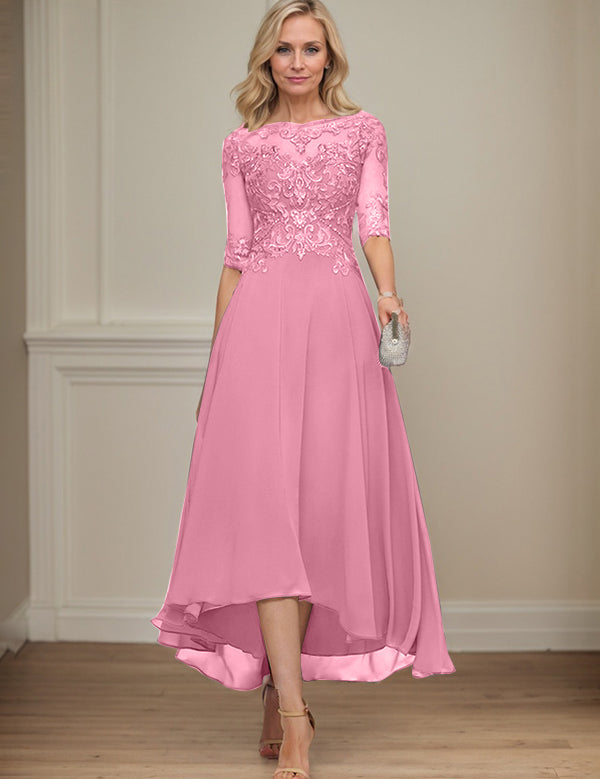 A-line Boat Neck Illusion Asymmetrical Chiffon Lace Mother of the Bride Dress With Sequins Beading