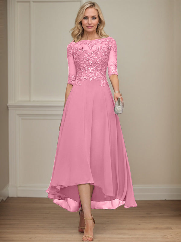 A-line Boat Neck Illusion Asymmetrical Chiffon Lace Mother of the Bride Dress With Sequins Beading