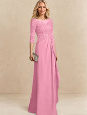 A-line Scoop Illusion Floor-Length Chiffon Lace Mother of the Bride Dress With Beading Sequins Cascading Ruffles