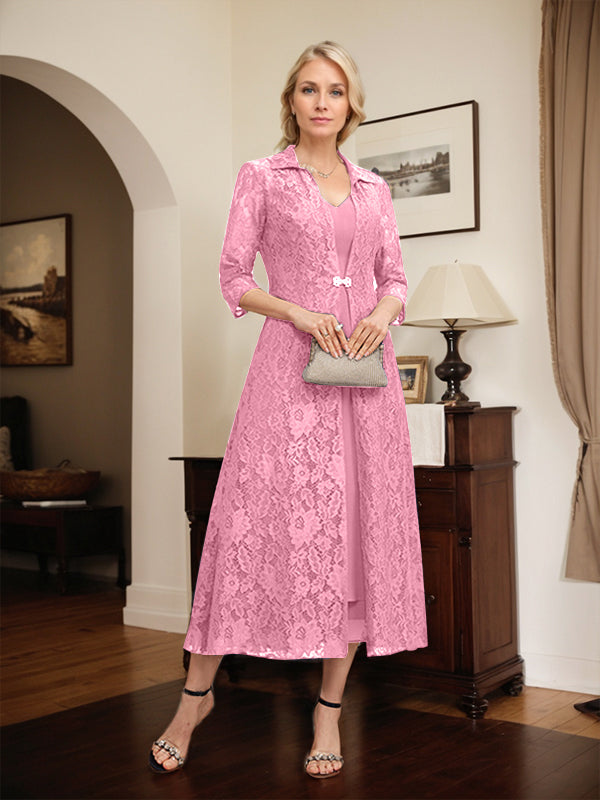 A-line V-Neck Tea-Length Chiffon Mother of the Bride Dress