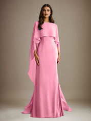Robe de mère de la mariée en mousseline, coupe fourreau/colonne, col bateau, longueur ras du sol, avec volants en cascade 