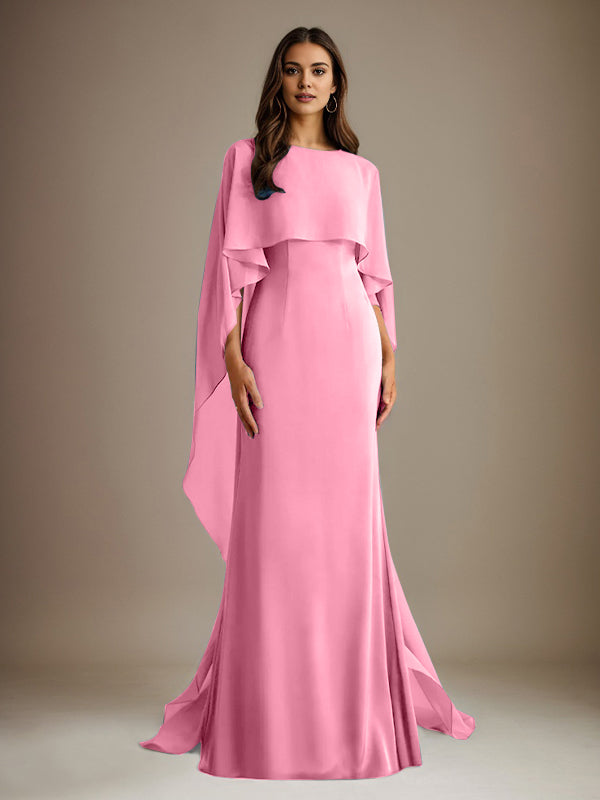 Robe de mère de la mariée en mousseline, coupe fourreau/colonne, col bateau, longueur ras du sol, avec volants en cascade 