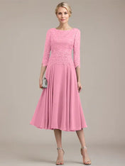 A-line Scoop Tea-Length Lace Chiffon Mother of the Bride Dress