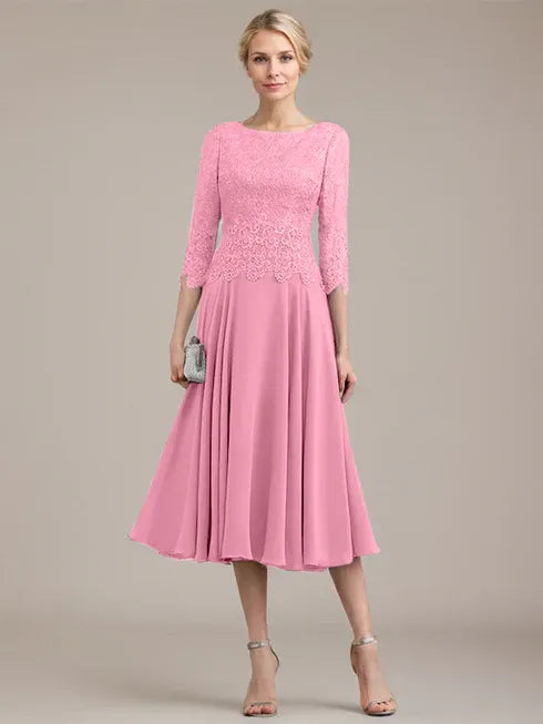 A-line Scoop Tea-Length Lace Chiffon Mother of the Bride Dress