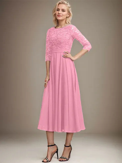 A-line Scoop Tea-Length Lace Chiffon Mother of the Bride Dress With Sequins
