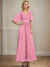 A-line V-Neck Ankle-Length Chiffon Mother of the Bride Dress With Pleated Beading Sequins