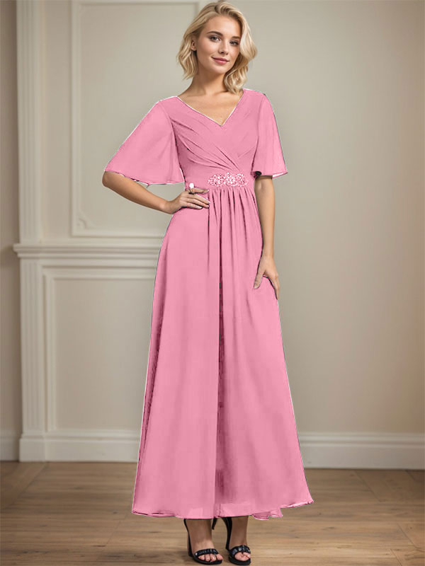 A-line V-Neck Ankle-Length Chiffon Mother of the Bride Dress With Pleated Beading Sequins
