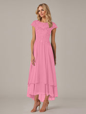 A-line Boat Neck Illusion Asymmetrical Chiffon Lace Mother of the Bride Dress With Applique Pleats