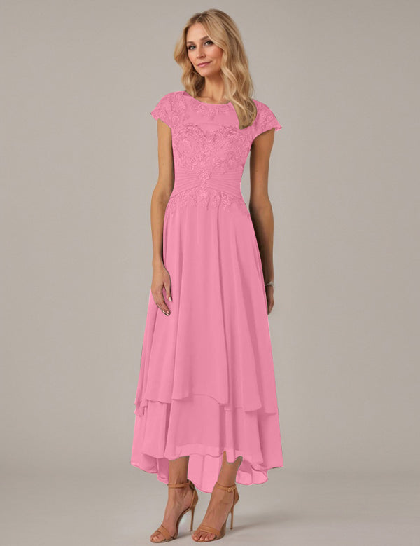 A-line Boat Neck Illusion Asymmetrical Chiffon Lace Mother of the Bride Dress With Applique Pleats