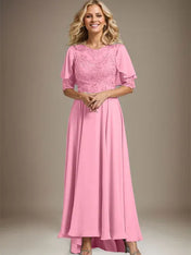 A-line Scoop Illusion Asymmetrical Chiffon Lace Mother of the Bride Dress With Beading