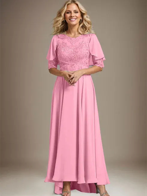 A-line Scoop Illusion Asymmetrical Chiffon Lace Mother of the Bride Dress With Beading