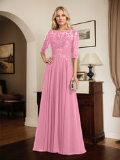 A-line Scoop Illusion Floor-Length Chiffon Lace Mother of the Bride Dress With Pleated Sequins