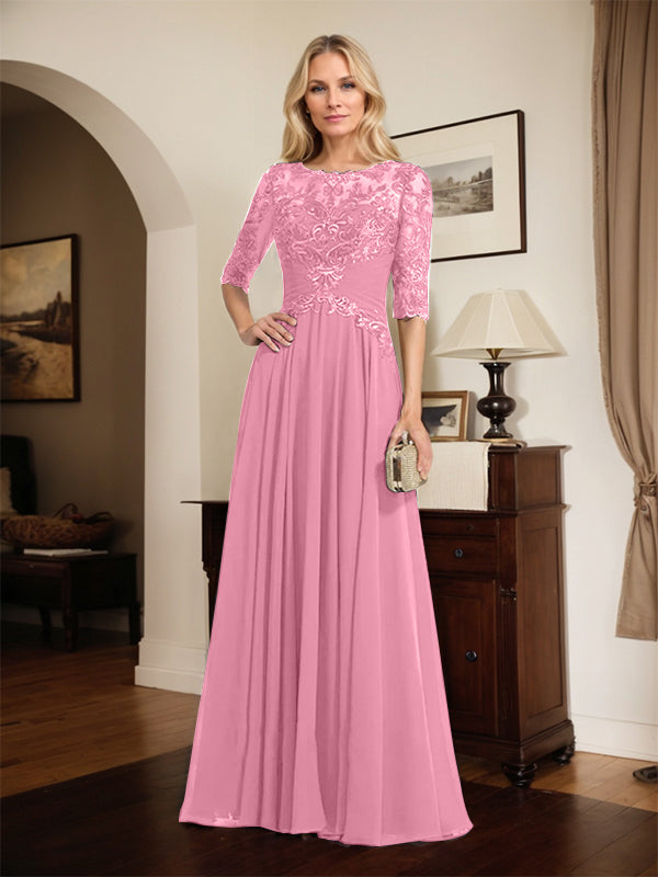 A-line Scoop Illusion Floor-Length Chiffon Lace Mother of the Bride Dress With Pleated Sequins