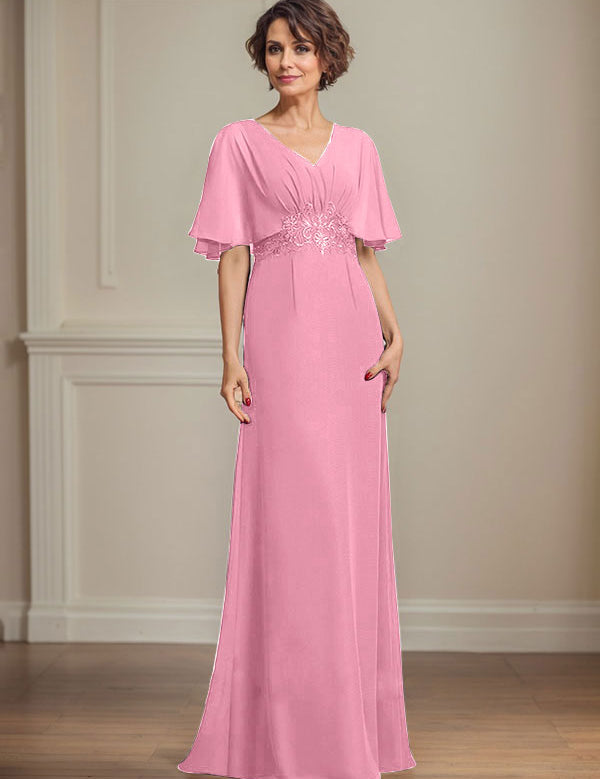 A-line V-Neck Floor-Length Chiffon Mother of the Bride Dress With Pleated Sequins Appliques Lace