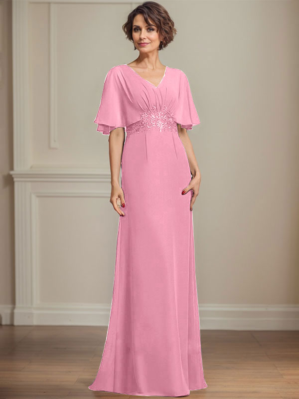 A-line V-Neck Floor-Length Chiffon Mother of the Bride Dress With Pleated Sequins Appliques Lace