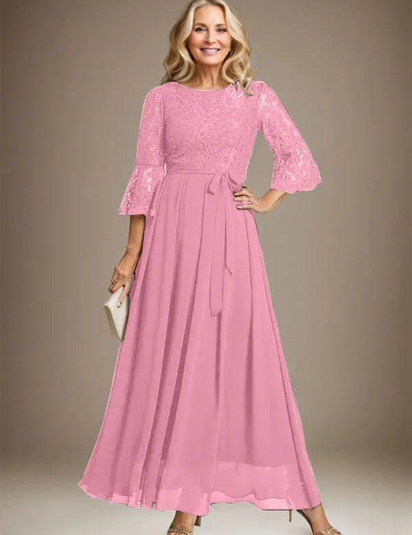 A-line Scoop Ankle-Length Lace Chiffon Mother of the Bride Dress With Bow