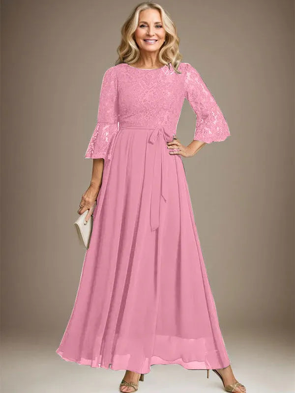 Robe de mère de la mariée trapèze en mousseline de soie et dentelle, longueur cheville, avec nœud