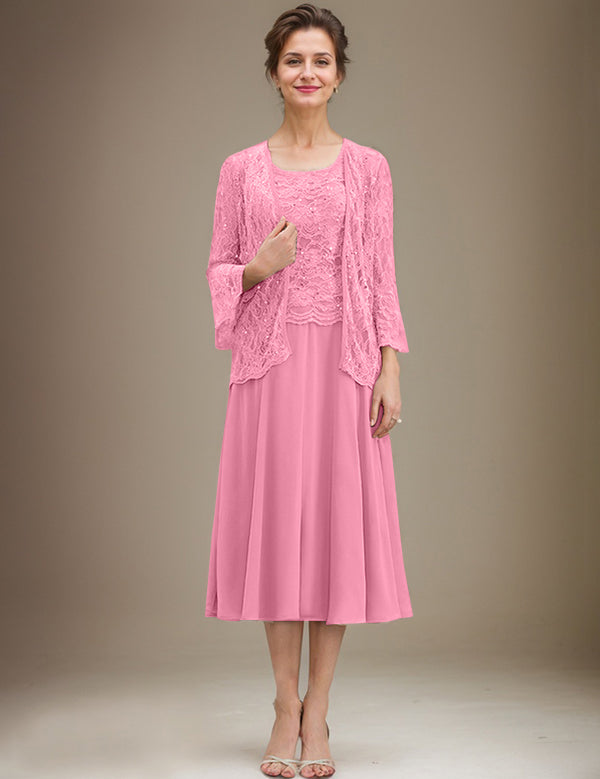 A-line Scoop Tea-Length Lace Chiffon Mother of the Bride Dress With Sequins