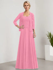 Robe de mère de la mariée trapèze carrée, longueur au sol, en mousseline de soie et dentelle, avec paillettes 