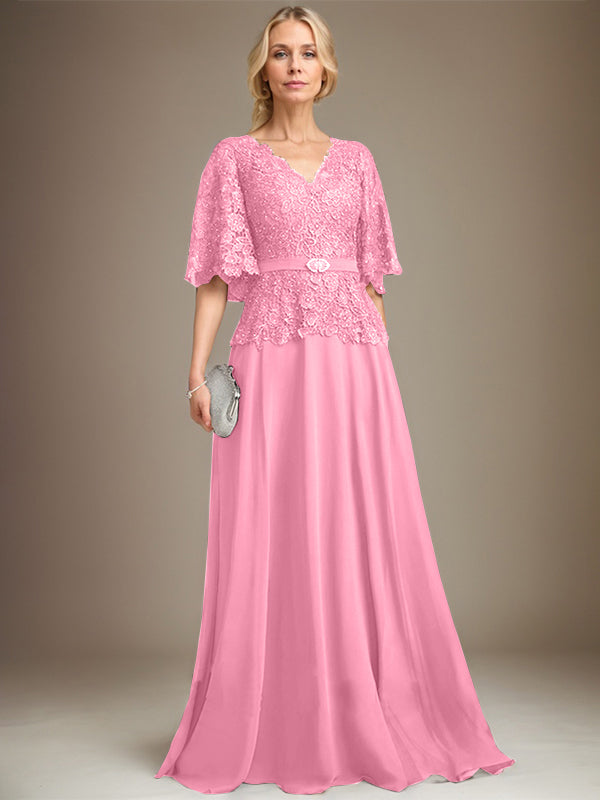 A-line V-Neck Floor-Length Chiffon Lace Mother of the Bride Dress With Crystal Brooch Rhinestone