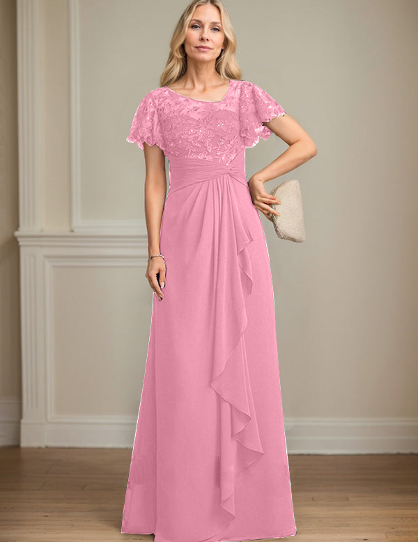 A-line Asymmetrical Illusion Floor-Length Lace Chiffon Mother of the Bride Dress With Cascading Ruffles Sequins