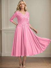 A-line V-Neck Tea-Length Chiffon Lace Mother of the Bride Dress With Beading Sequins