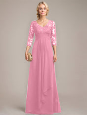 A-line V-Neck Floor-Length Lace Chiffon Mother of the Bride Dress With Cascading Ruffles Sequins
