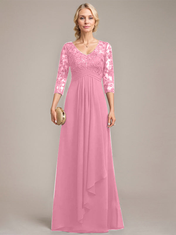 A-line V-Neck Floor-Length Lace Chiffon Mother of the Bride Dress With Cascading Ruffles Sequins
