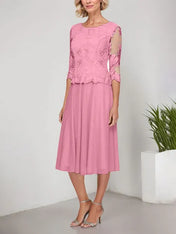 A-line Scoop Tea-Length Lace Chiffon Mother of the Bride Dress With Embroidery