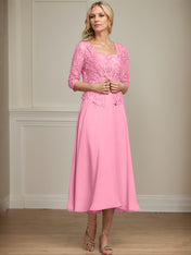 A-line Square Tea-Length Chiffon Lace Mother of the Bride Dress With Sequins Beading