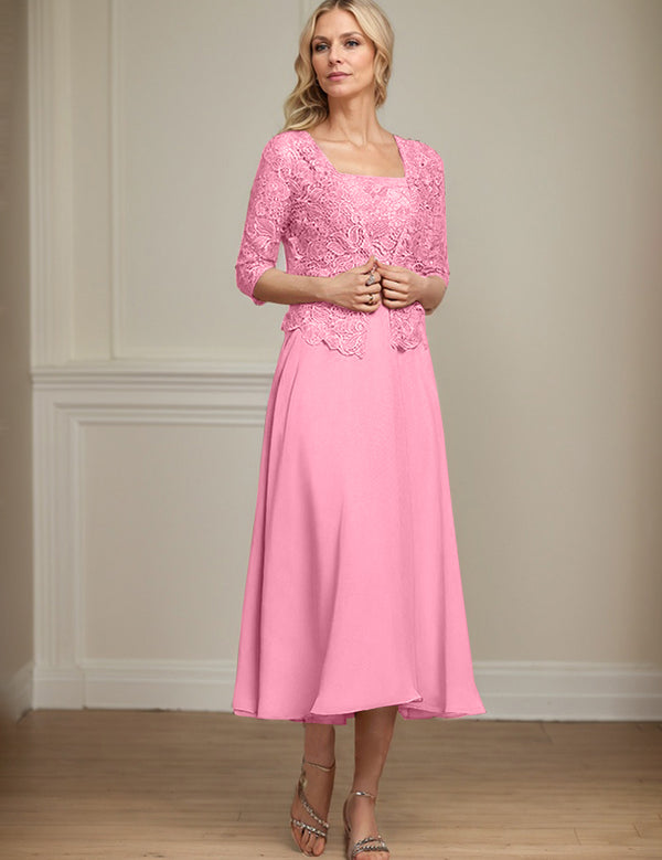 A-line Square Tea-Length Chiffon Lace Mother of the Bride Dress With Sequins Beading