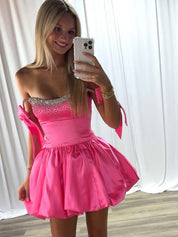 Pink A-Line Bateau Bow Straps Satin Beaded Homecoming Dress