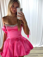 Pink A-Line Bateau Bow Straps Satin Beaded Homecoming Dress