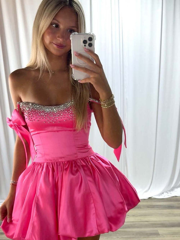 Pink A-Line Bateau Bow Straps Satin Beaded Homecoming Dress