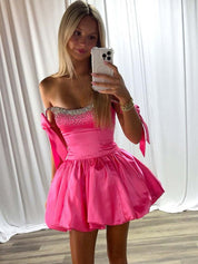 Pink A-Line Bateau Bow Straps Satin Beaded Homecoming Dress