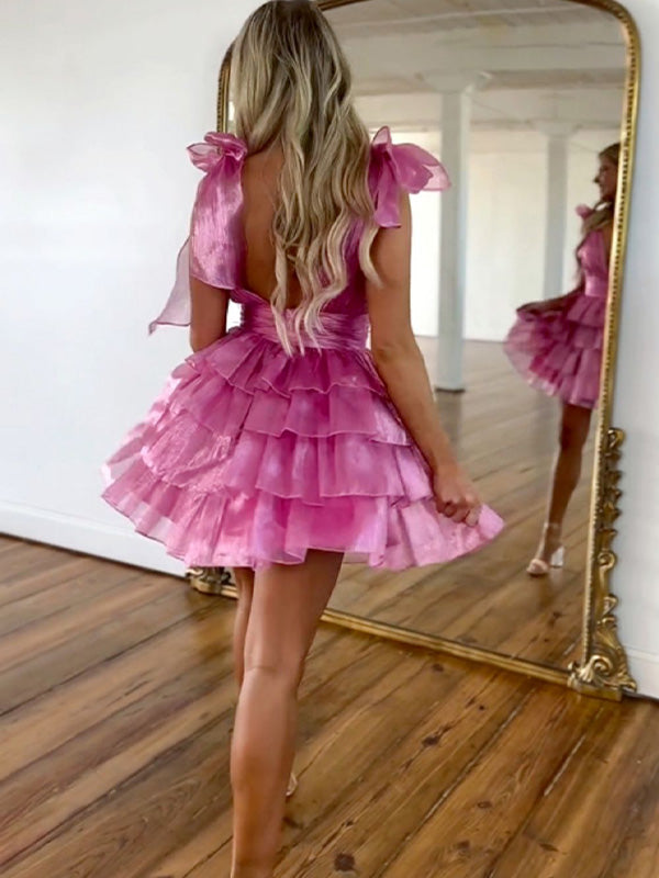 Pink A-Line Deep V-Neck Short Tiered Satin Homecoming Dress