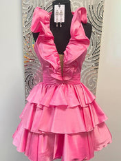 Pink A-Line Halter Neck Short Tiered Homecoming Dress
