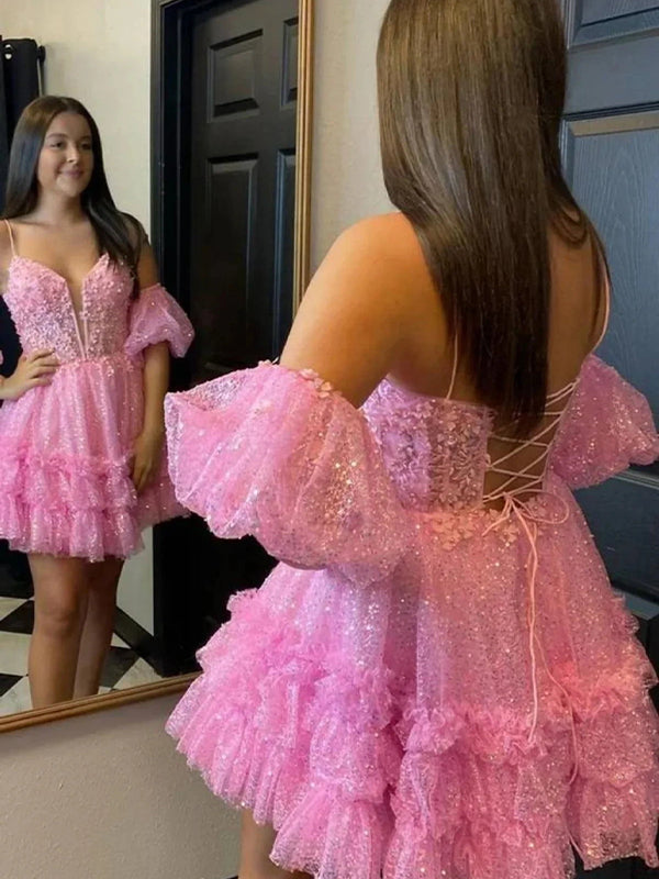 Pink A-Line Spaghetti Straps Homecoming Party Dress