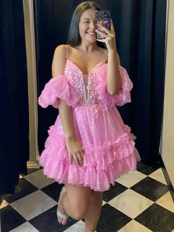 Pink A-Line Spaghetti Straps Homecoming Party Dress