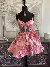 Pink A-Line Spaghetti Straps Short Floral Satin Homecoming Dress