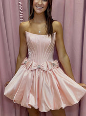 Pink A-Line Strapless Puff Homecoming Dress with Cinched Waist