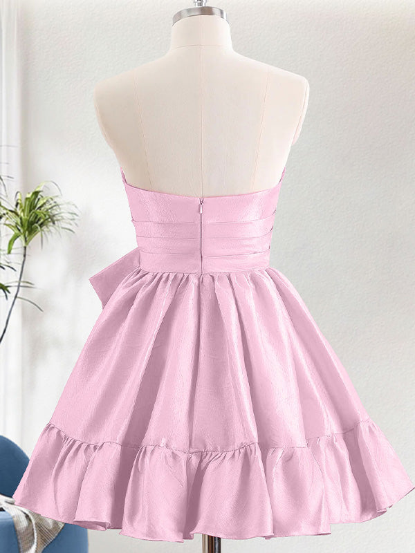 Pink A-Line Strapless Ruffle Short Homecoming Dress with Bow