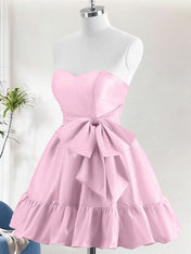 Pink A-Line Strapless Ruffle Short Homecoming Dress with Bow