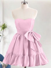 Pink A-Line Strapless Ruffle Short Homecoming Dress with Bow