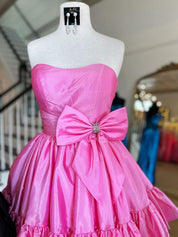 Pink A-Line Strapless Short Satin Homecoming Dress With Bowknot