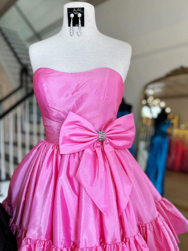Pink A-Line Strapless Short Satin Homecoming Dress With Bowknot