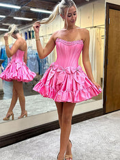Pink A-Line Strapless Short Satin Homecoming Dress With Bowknot