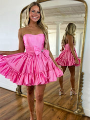 Pink A-Line Strapless Short Satin Homecoming Dress With Bowknot