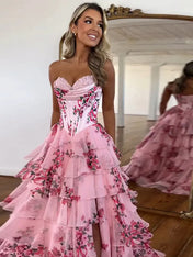 Pink A-Line Strapless Sweetheart Print Tiered Tulle Long Prom Dress with Slit
